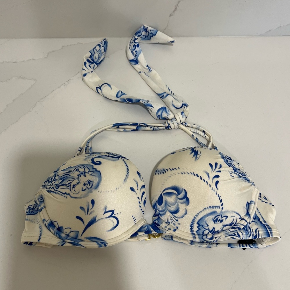 Vintage Victoria's Secret Miraculous Bombshell Bikini Top Blue White Floral 32B